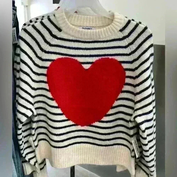 Cropped  Crew-Neck Sweater Navy Stripes/Red Heart size M - Picture 5 of 5